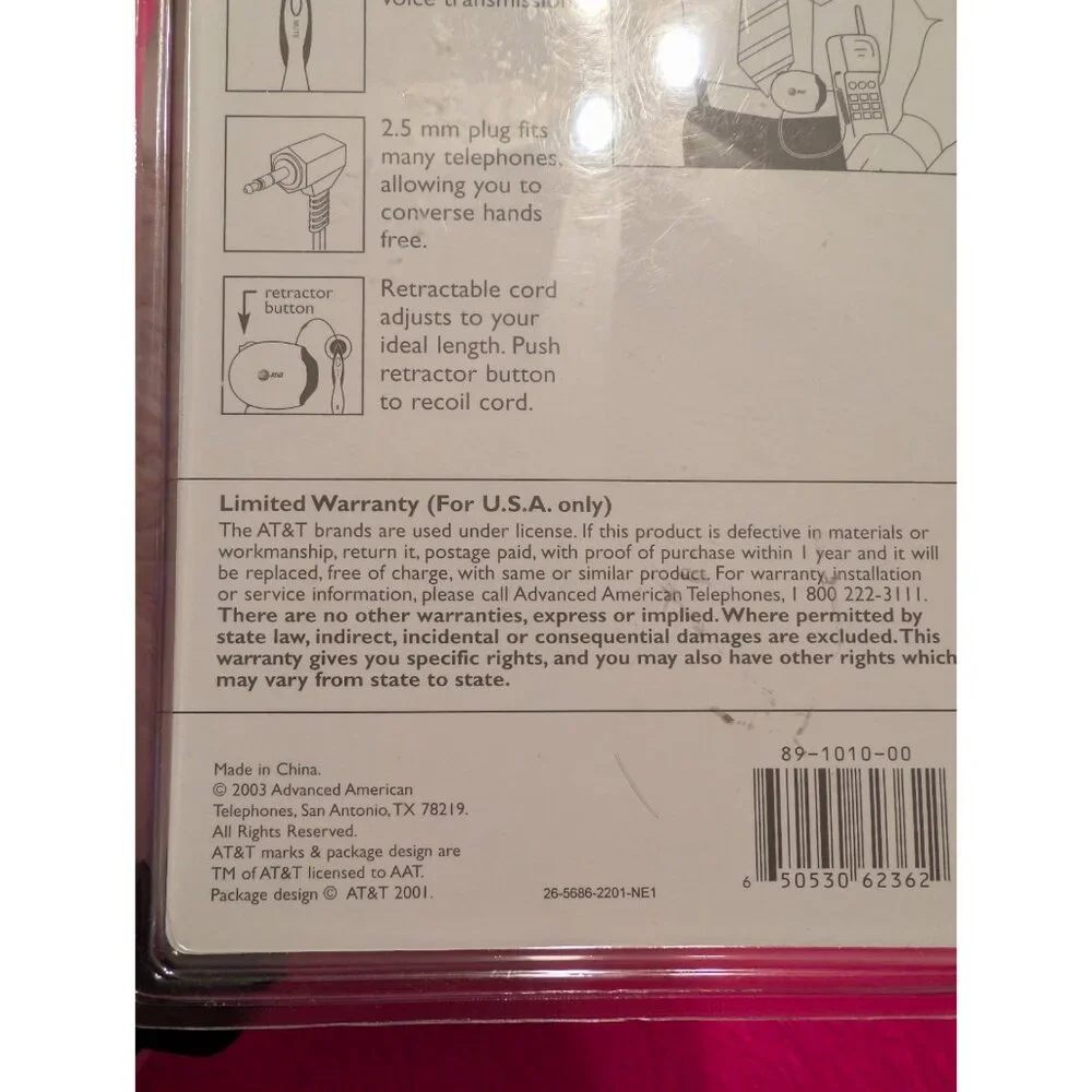 NEW AT&T H450 Cordless Cellular Retractable Headset 2.5mm Jack Earbud Mute Clip